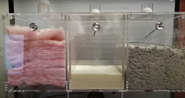 3 types of insulation displayed in transparent display, on the left is fibreglass insulation, in the middle is spray foam insulation and on the right is cellulose insulation.