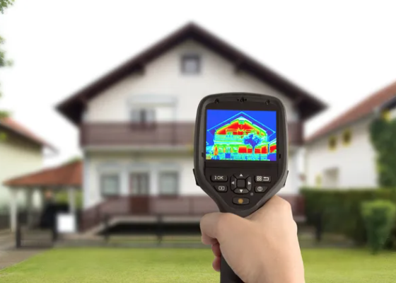 Hand holding a thermal camera towards a white house that is out of zoom 