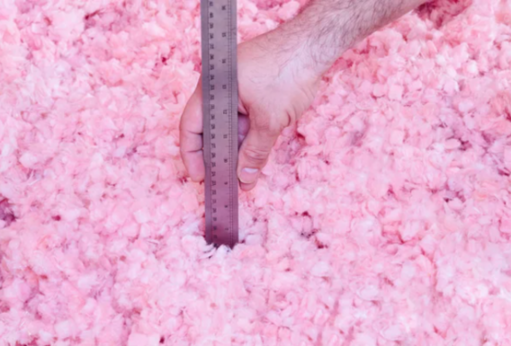 Hand putting silver ruler into loose pink fibreglass insulation to measure the height