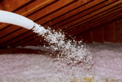 A white hose blowing loose pink fiberglass into attic